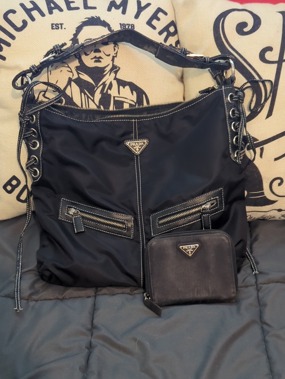 Vintage Prada Black Nylon Shoulder Bag with Black Coin Pouch Wallet